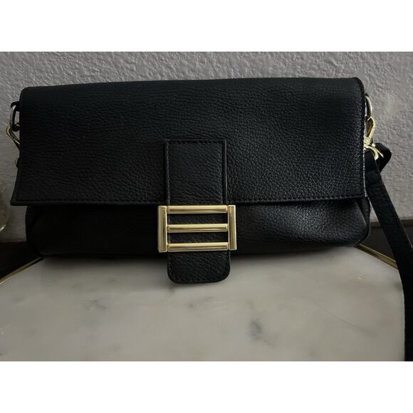 Divina Firenze Italian Leather Abbi  Black Crossbody/Shoulder Flap Bag Purse - Picture 2 of 10